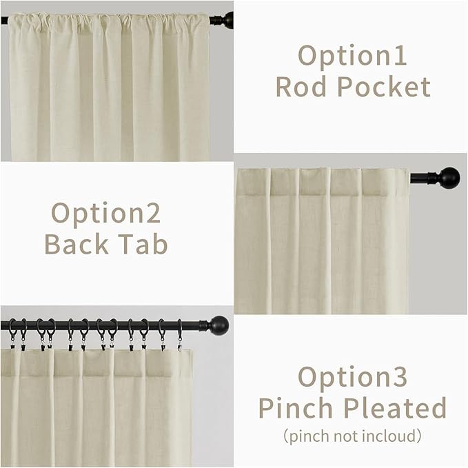 Joydeco Linen Curtains 96 inches Long 2 Panels Set,Light Filtering Curtains for Living Room Bedroom, Window Long Drapes with Rod Pockets Back Tab (W52 x L96 Inch, Natural)