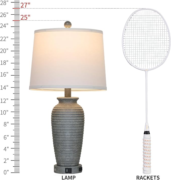 25" Grey Vintage Table Lamp Set of 2 Farmhouse Jar Table Lamps for Living Room，Touch Bedside Lamps with USB A+C Ports & AC Outlet, Pot Nightstand Lamps for Bedroom Living Room (LED Bulbs Included)