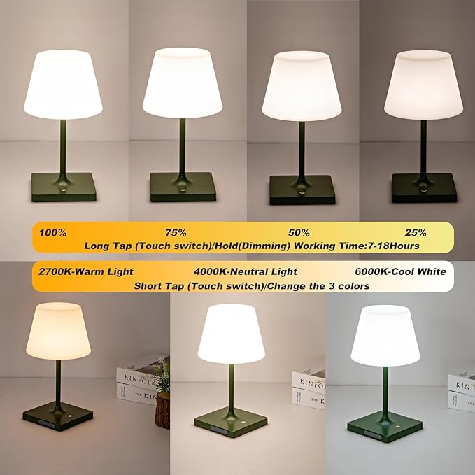LED Cordless Table lamp Rechargeable,Outdoor Battery Operated Portable Desk lamp,Shower lamp Waterproof,4000mAh LED 3 Colors Dimmable Touch Night Lamps-Green