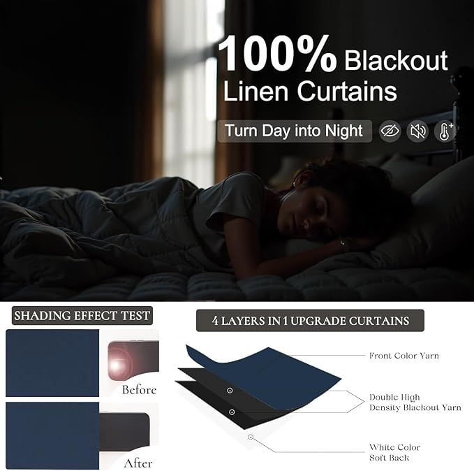 Navy Blackout Curtains 72 Inches Long for Bedroom Navy Blue Room Darkening Thermal Insulating Window Black Out Linen Nautical Curtains for Living Room Nursery 52x72 Inch Length 2 Panel Back Tab Pocket