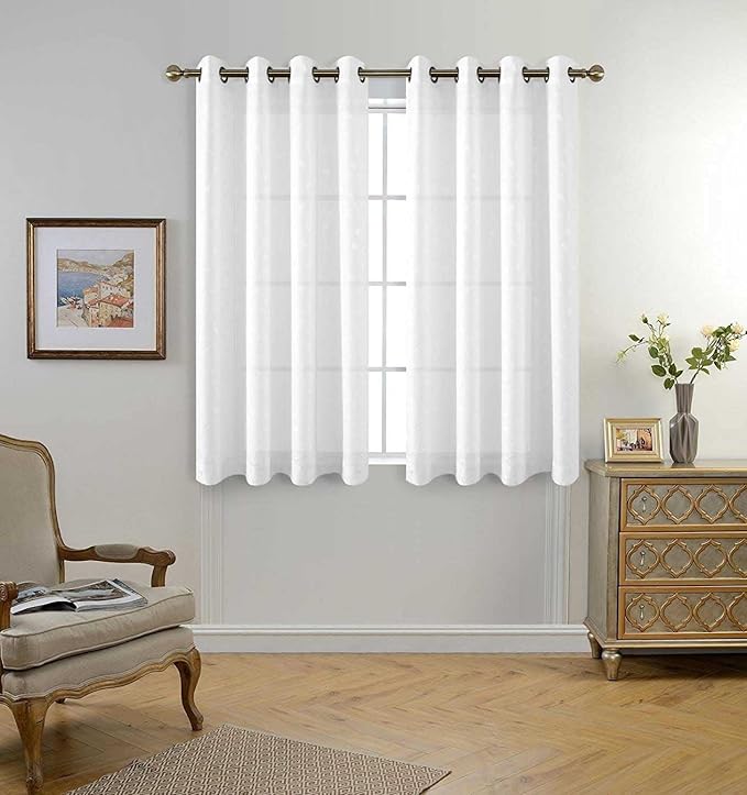 MIUCO Floral Embroidery Semi Sheer Curtains Faux Linen Grommet Window Curtains for Bedroom Living Room 63 Inch Length 2 Panels, Pure White