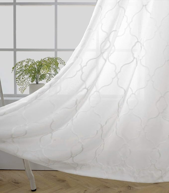 MIUCO Moroccan Embroidery Semi Sheer Curtains Faux Linen Grommet Window Curtains for Bedroom Living Room 63 Inch Length 2 Panels, Pure White