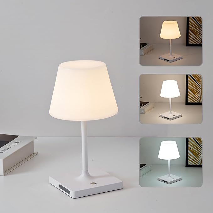 Cordless Table lamp, Outdoor Battery Operated Rechargeable Desk lamp,Waterproof Shower Lamp,4000mAh LED 3 Colors Small Wireless lamp for Kitchen Counter -White