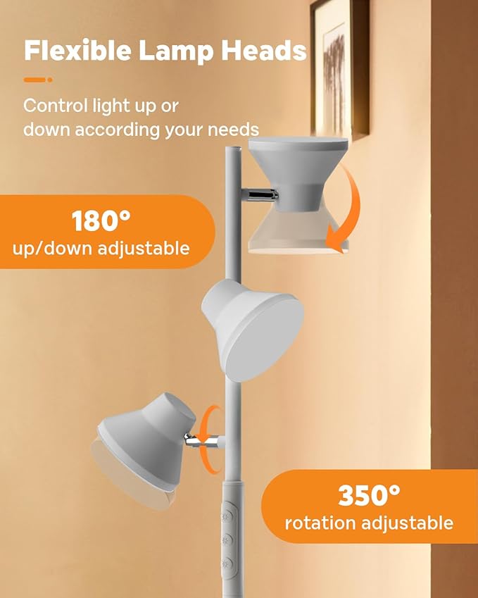 LED Tree Floor Lamp Silver, 36W Super Bright Standing Lamp with Remote Control, 4 Color Temperatures, 3 Rotatable LED Lights, Dimmable Floor Lamps for Living Room, Bedroom, Office