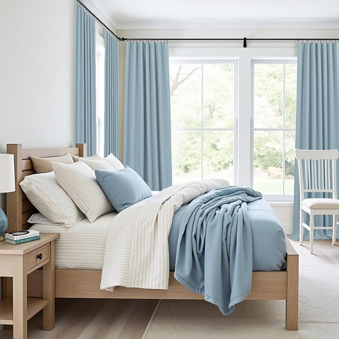 Dusty Blue Drapes 84 Inch Length 2 Panels for Bedroom Aesthetic 100% Blackout Cute Curtains for Nursery Weather Curtain Thermal Insulated Energy Efficient Cotton Linen Back Tab Pleated Stone Blue Grey