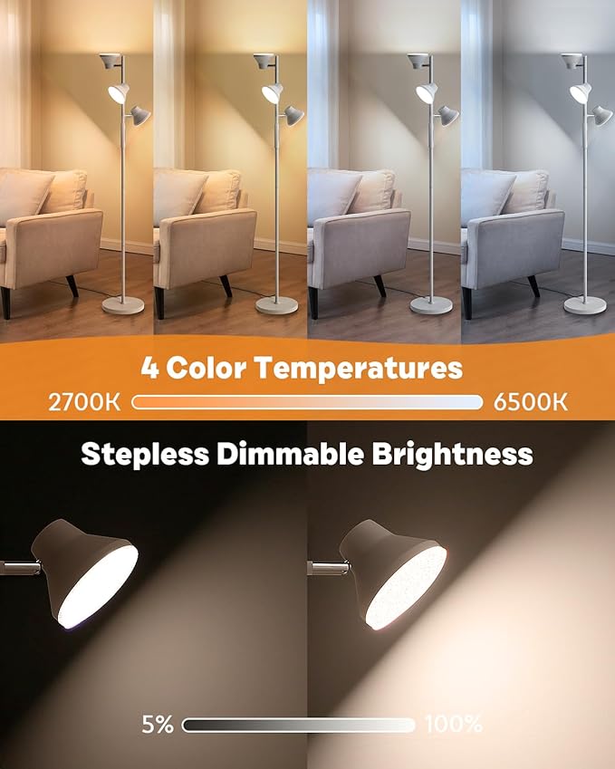 LED Tree Floor Lamp Silver, 36W Super Bright Standing Lamp with Remote Control, 4 Color Temperatures, 3 Rotatable LED Lights, Dimmable Floor Lamps for Living Room, Bedroom, Office
