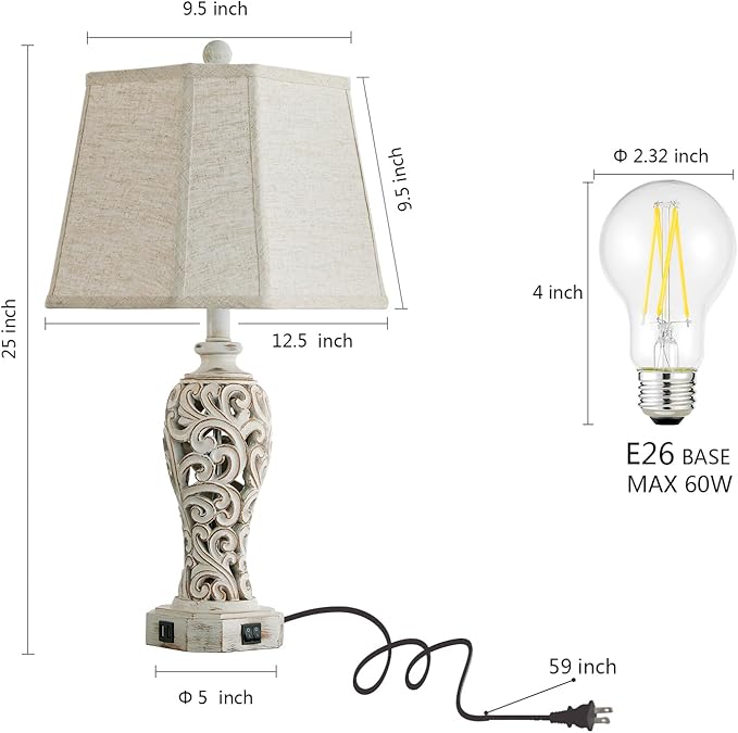 Set of 2 Rustic Table Lamps for Living Room Bedroom, Farmhouse Vintage Nightstand Lamp with 2 USB Ports, Hollow Out Resin Lamp for End Table with Nightlight, Bulbs Included (Wash White)