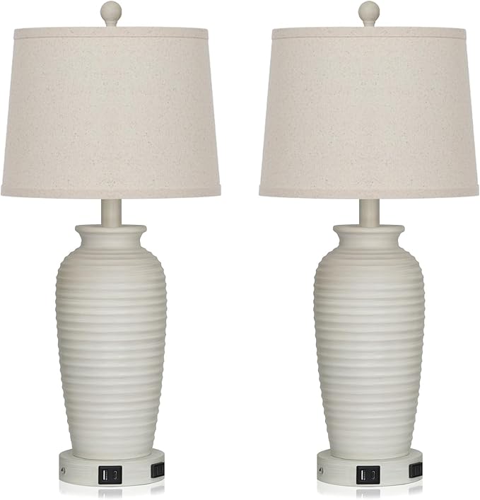 25" Farmhouse Jar Table Lamps Set of 2,Rustic Cream Pot Table Lamp for Bedroom, Living Room,3 Way Touch Control Rustic Bedside Lamps with USB A+C Ports & AC Outlet(LED Bulbs Included)