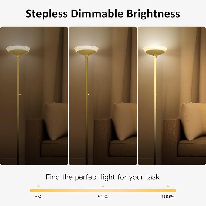 BoostArea Torchiere Floor Lamp, 24W Super Bright LED Standing Lamp, 3000K Stepless Dimmable Pole Lamp with Rotary Switch, 70 Inch Tall Metal Modern Floor Lamps for Living Room/Bedroom/Office/Den, Gold