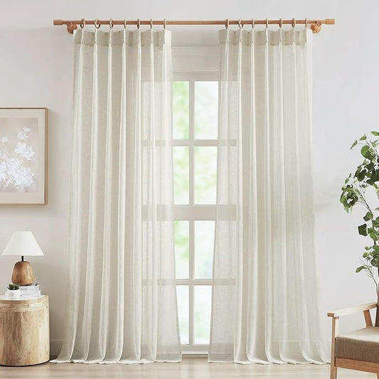 FMFUNCTEX Linen Sheer Pinch Pleated Curtains for Bedroom, Linen Flax Beige 63 Inch Length Sheer Curtain See Through Panels for Living Room, Natural Window Drapes for Farmhouse, Rod Pocket 2 Panels