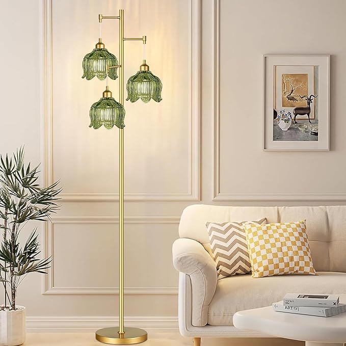 Gold Floor Lamp for Living Room,Bedroom,Mid Century Modern Standing Lamp Brass Tree 3 Light Tall Floor Lamps Vintage Retro Floor Lights Glass Green Flower Lamp Shade Farmhouse Boho Bohemian
