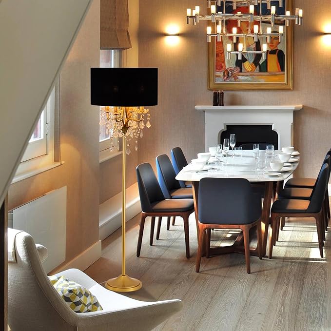 Wellmet Gold Crystal Drum Shade Floor Lamp, 6 Light Black Gold Shade, Candle Base for Living Room, Bedroom, Reading Room, Hallway, Corridor