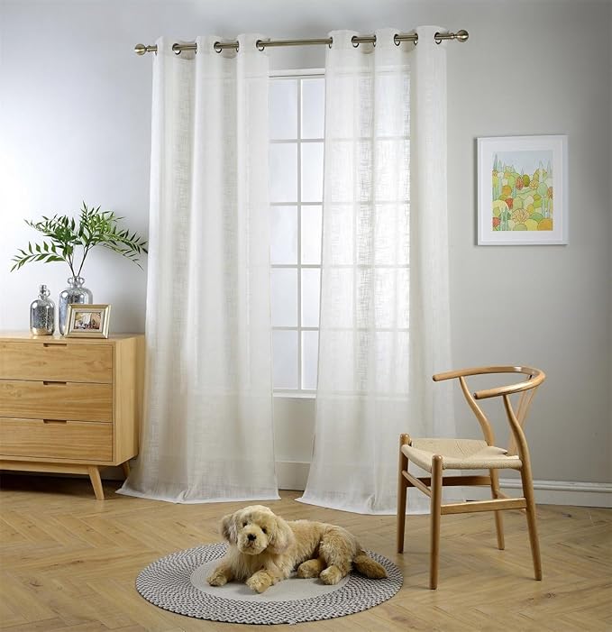 MIUCO Semi Sheer Curtains Poly Linen Textured Solid Grommet Curtains 95 Inches Long for French Doors 2 Panels (2 x 37 Wide x 95" Long) Beige