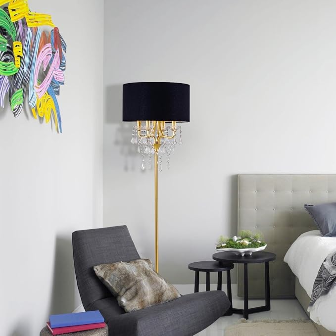 Wellmet Gold Crystal Drum Shade Floor Lamp, 6 Light Black Gold Shade, Candle Base for Living Room, Bedroom, Reading Room, Hallway, Corridor