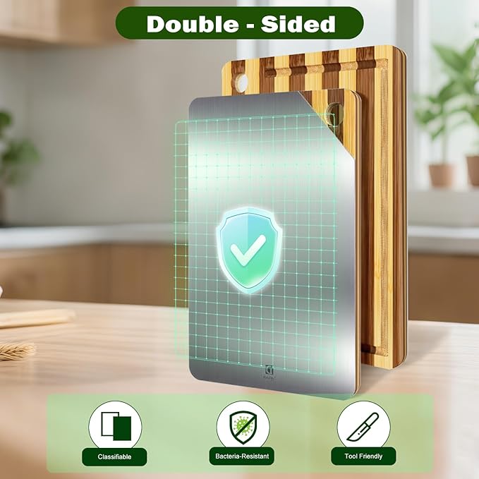 Titanium Cutting Board for Kitchen, Cutting Board Double Sided Food Grade, Pure Titanium and Natural Bamboo, with Deep Juice Grooves, Large Size 15.6”×11”