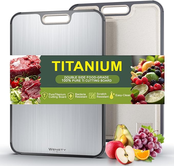 Titanium Cutting Boards for Kitchen, Double Sided Food-Grade Pure Titanium&Wheat Straw PP, Non-Toxic, Non-Slip, Dishwasher Safe, Ideal for Meat, Vegetables, Fruit 15.8 x 11''