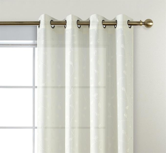 MIUCO Floral Embroidery Semi Sheer Curtains Faux Linen Grommet Curtains for Bedroom 52 x 63 Inch 2 Panels, Off White