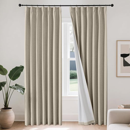 Joydeco Pinch Pleated Linen Curtains Darkening Drapes for Bedroom, 100% Blackout Drapes 96 inches Long 2 Panels Heat Blocking Curtains(Cobblestone,40'' Wx96'' L)