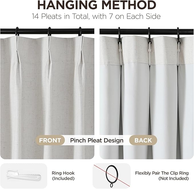 Joydeco Pinch Pleated Linen Curtains for Living Room, 100% Blackout Darkening Curtains 72 inches Length 2 Panel Thermal Insulated Pinch Pleat Drapes(Ivory,40'' Wx72'' L)