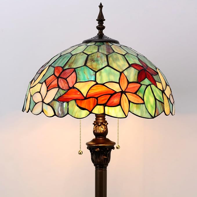 Tiffany Floor Lamp Stained Glass Lamp Standing Reading Light 16x16x70 Inch for Living Room (Red Green Flowers)