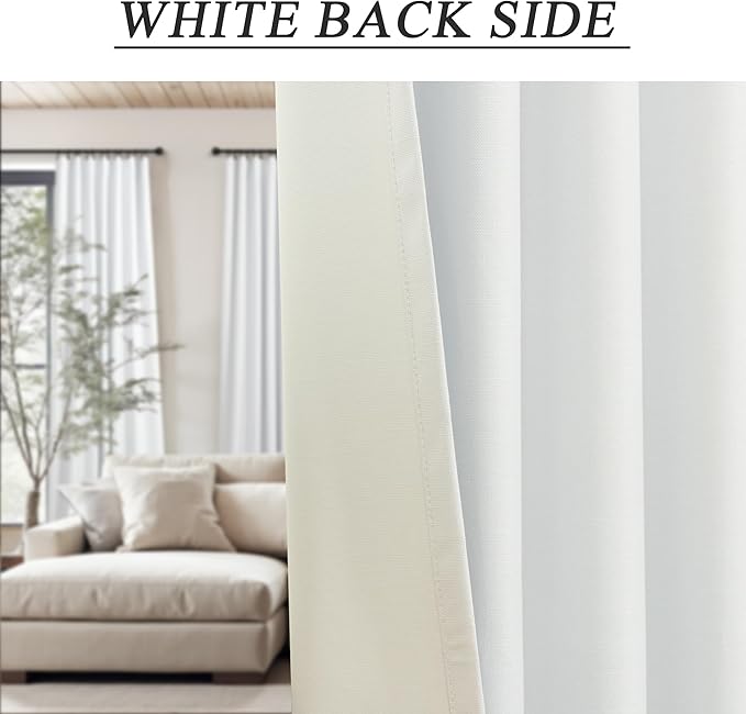 White 100% Blackout Curtains for Office at Home/Playroom/Classroom Thermal Insulated Cold Blocking Winter Curtains 92 Inch Length 2 Panels Neutral Modern Window Linen Cotton Back Tab Drapes 52x92 Long