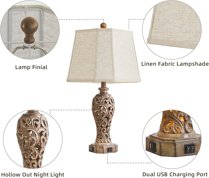 Set of 2 Rustic Table Lamps for Living Room Bedroom, 2 USB Ports 25'' Vintage Farmhouse Desk Lamp with Nightlight, Brown Hollow Out Resin Lamp for End Table (Bulbs Included)