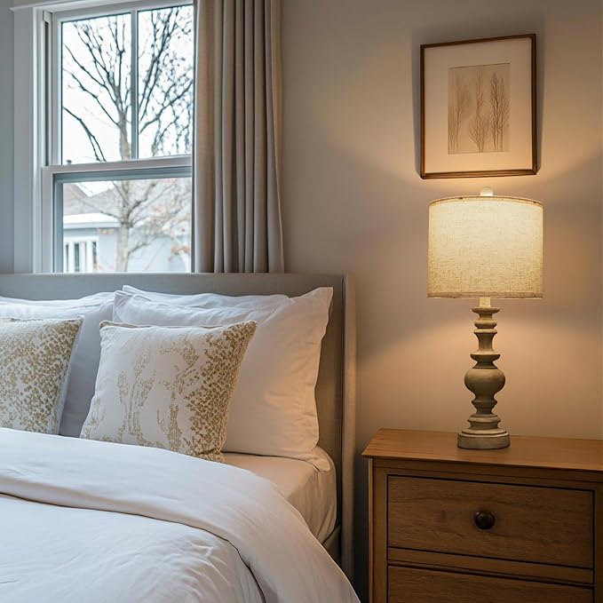 BOBOMOMO 24" Farmhouse Retro Table Lamp Set of 2, Traditional Resin Lamps for Living Room Bedroom, Vintage Bedroom Lamps with Linen Shades, Rustic Table Lamps for Living Room, Nursery, Office