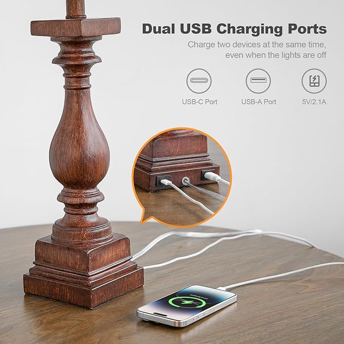 BOBOMOMO 27" Farmhouse Living Room Lamps with USB-A +C Ports, Vintage Rustic Bedside Night Stand Lamps Set of 2, Linen Shade, Retro Side Table Lamps for Living Room, Bedroom, Office, Home Decor