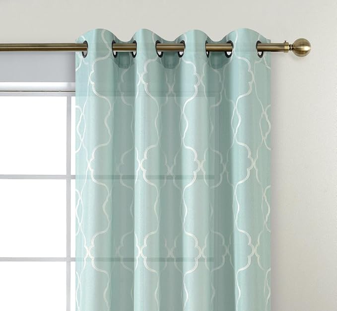MIUCO Moroccan Embroidered Semi Sheer Curtains Faux Linen Grommet Window Panel Pair for Kitchen 52 x 63 Inch, Subtle Green
