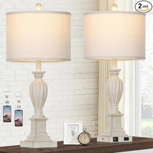 27" Farmhouse 3 Way Dimmable Touch Table Lamp Set of 2 Rustic Classic Bedside Nightstand Wood Lamps for Living Room Bedroom with USB C+A Ports Washed White (2 Bulbs Included)