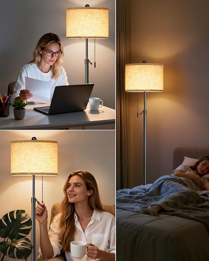 Floor Lamp for Living Room - Adjustable Height Standing Lamp with Marble Base & Linen Shade - Tall Pole Floor Light with 3 Color Temperatures Bulb for Bedroom, Reading - Easy Assembly