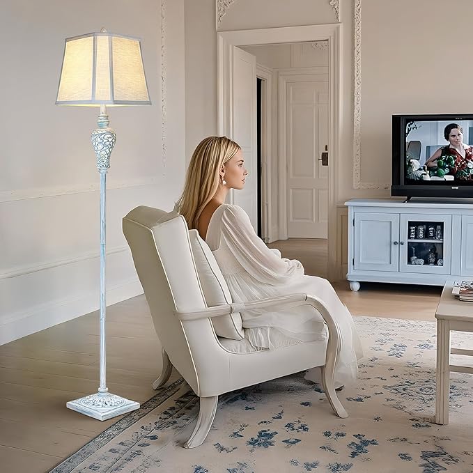 Vintage Floor Lamp with Nightlight, 65" Retro Standing Lamp with White Linen Shade, Washed Blue Finish Farmhouse Style Design Tall Lamp Decor for Living Room Bedroom Study Home Corner (Bulb Included)