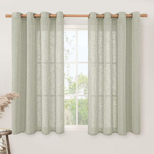 LAMIT Sage Grey Sheer Linen Curtains 54 Inch Length for Bedroom, Bronze Grommet Light Filtering Panels Neutral Drapes for Living Room/Window, 2 Panels Set, 52 x 54 Inch
