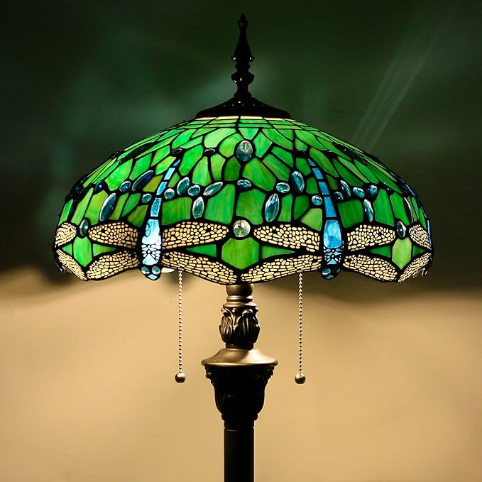 Tiffany Floor Lamp Stained Glass Lamp Standing Reading Light 16x16x70 Inch for Living Room (Green Dragonfly)