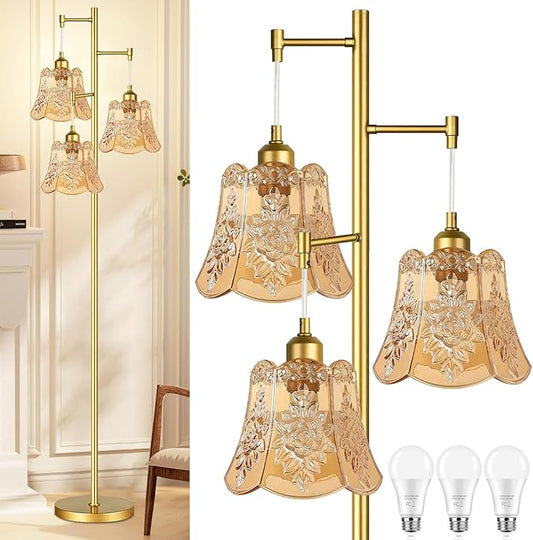 Gold Floor Lamp for Living Room,Bedroom,Tree 3 Light Standing Lamp Mid Century Modern Brass Tall Floor Lamps Vintage Retro Floor Lights Glass Green Flower Lamp Shade Farmhouse Boho Bohemian
