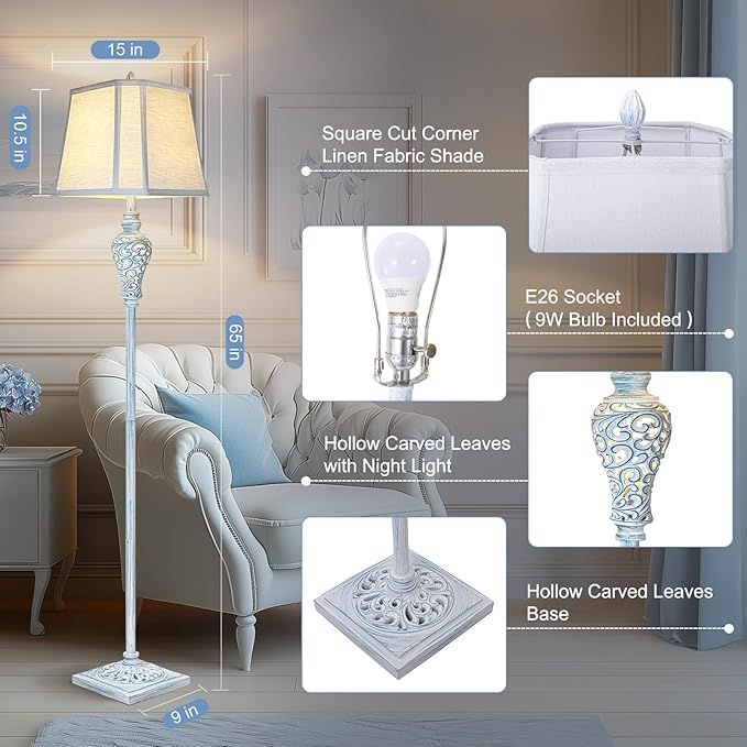 Vintage Floor Lamp with Nightlight, 65" Retro Standing Lamp with White Linen Shade, Washed Blue Finish Farmhouse Style Design Tall Lamp Decor for Living Room Bedroom Study Home Corner (Bulb Included)