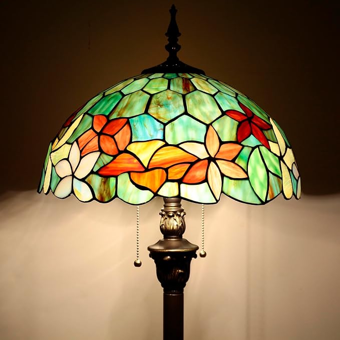 Tiffany Floor Lamp Stained Glass Lamp Standing Reading Light 16x16x70 Inch for Living Room (Red Green Flowers)