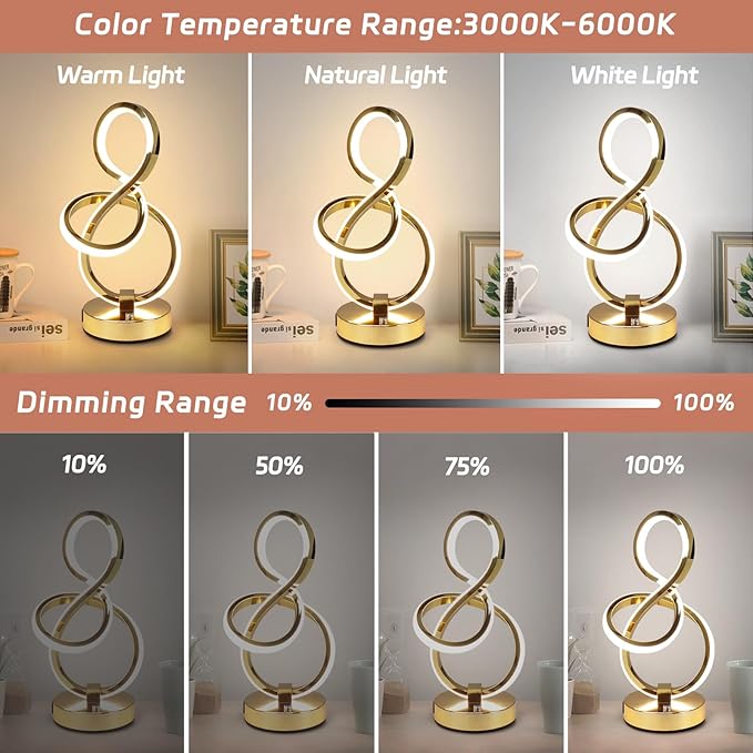 Modern Table Lamp, LED Bedside lamp with USB C+A ports, Touch Stepless Dimmable Nightstand lamp, Unique Spiral Table lamp for Bedroom Living Room Home Office, Spiral lamp for Ideal Gift, Gold