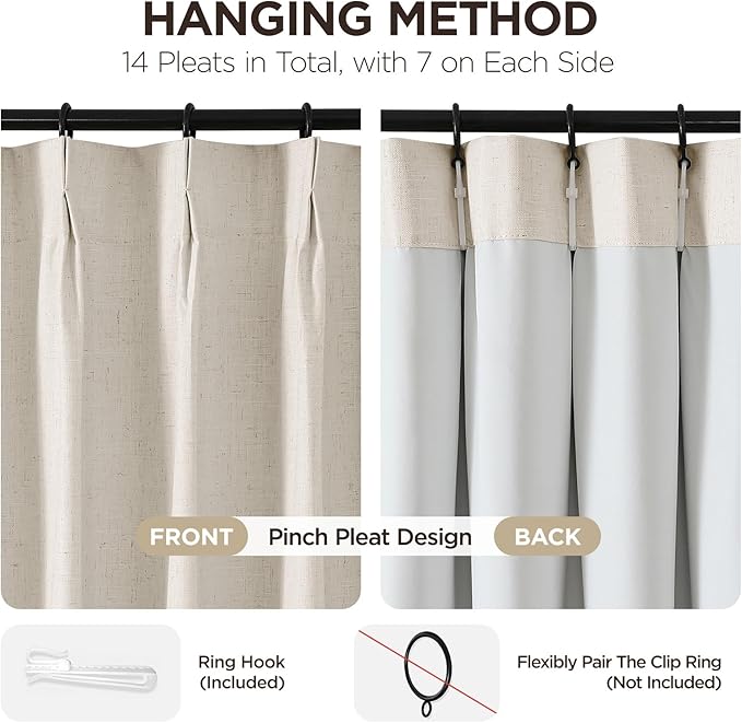 Joydeco Pleated Curtains for Living Room Bedroom, Linen Drapes 90 inch Length 2 Panels Set, Blackout Thermal Insulated Curtain(Ecru,40'' Wx90'' L)