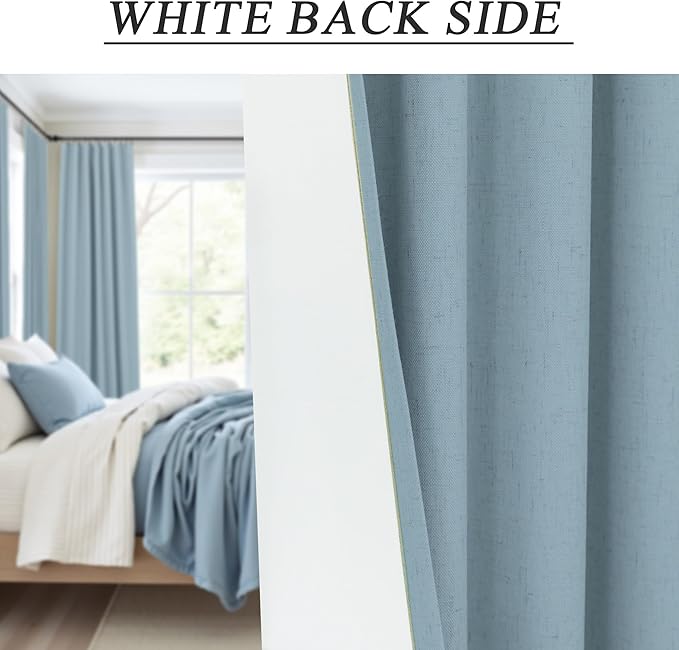 Dusty Blue Drapes 84 Inch Length 2 Panels for Bedroom Aesthetic 100% Blackout Cute Curtains for Nursery Weather Curtain Thermal Insulated Energy Efficient Cotton Linen Back Tab Pleated Stone Blue Grey