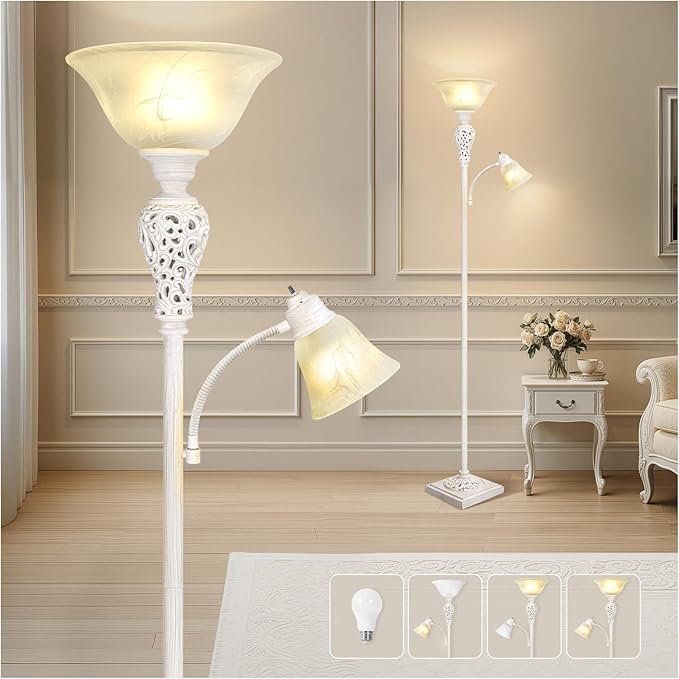 Torchiere Floor Lamp with Adjustable Reading Light, 72" Tall Vintage Lamp with White Glass Shade, Farmhouse Standing Lamp, Rustic LED Floor Lamp for Living Room Bedroom Office Corner, Bulbs Included