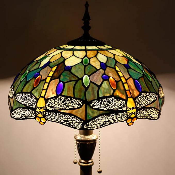 Tiffany Floor Lamp Stained Glass Lamp Standing Reading Light 16x16x70 Inch for Living Room (Amber Yellow Dragonfly)