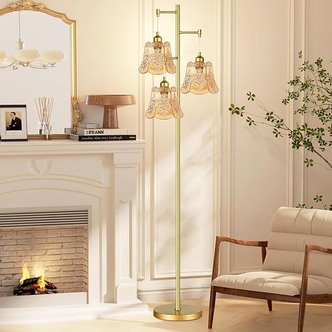 Gold Floor Lamp for Living Room,Bedroom,Tree 3 Light Standing Lamp Mid Century Modern Brass Tall Floor Lamps Vintage Retro Floor Lights Glass Green Flower Lamp Shade Farmhouse Boho Bohemian
