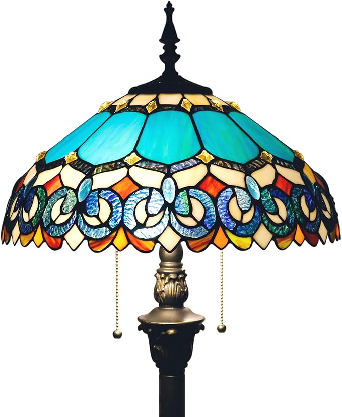 Tiffany Floor Lamp Stained Glass Lamp Standing Reading Light 16x16x70 Inch for Living Room (Blue Jewelry Baroque Style)
