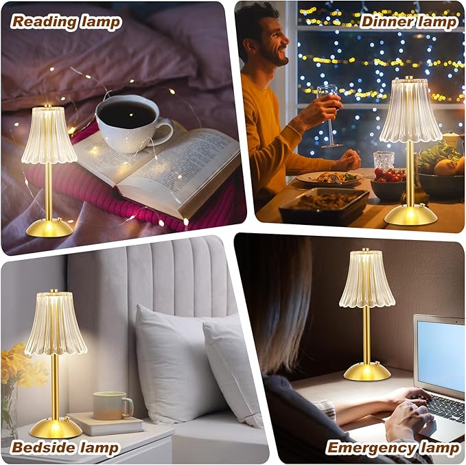 Liliful 2 Pcs LED Portable Cordless Table Lamp Touch Battery Operated Rechargeable Desk Lamp 3 Color Dimmable for Bedroom Living Room Dining (Rose Style,Gold)