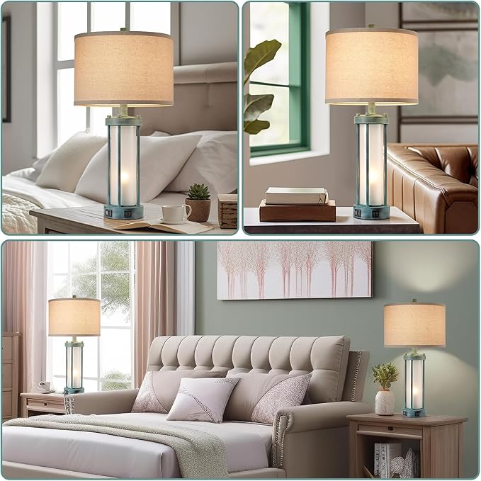 RORIA Set of 2 Rustic Table Lamps for Living Room with 2 USB Ports, Farmhouse Vintage Nightstand Lamp with White Glass Nightlight, Retro Desk Lamps for Bedroom End Table, Bulbs Included(Retro Green)