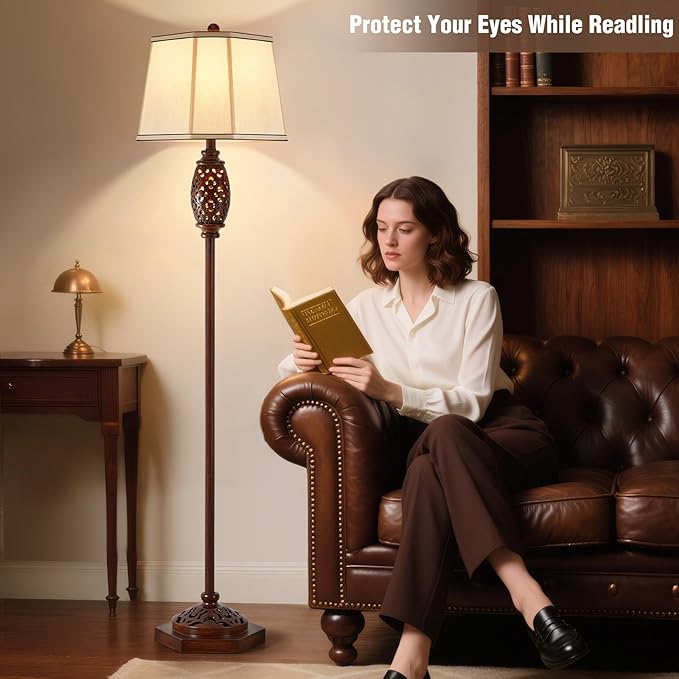 Luvkczc Vintage Floor Lamp - Brown Carved Resin with Hollow Light Design, Rustic Standing Lamp for Living Room, Bedroom, Study(Bulb Included)