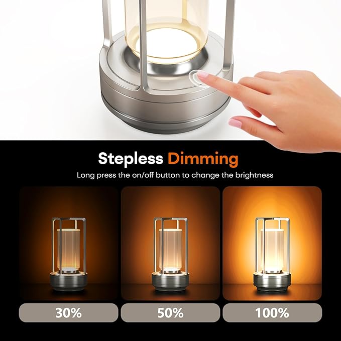 Portable Metal Table Lamp for Indoor/Outdoor ,Rechargeable Cordless LED Lamp, 3-Colour Infinitely Dimming Battery Powered Small Desk Lamp, Restaurant/Bedroom/Bar/Coffee/Camping Light (Sliver Set of 2)