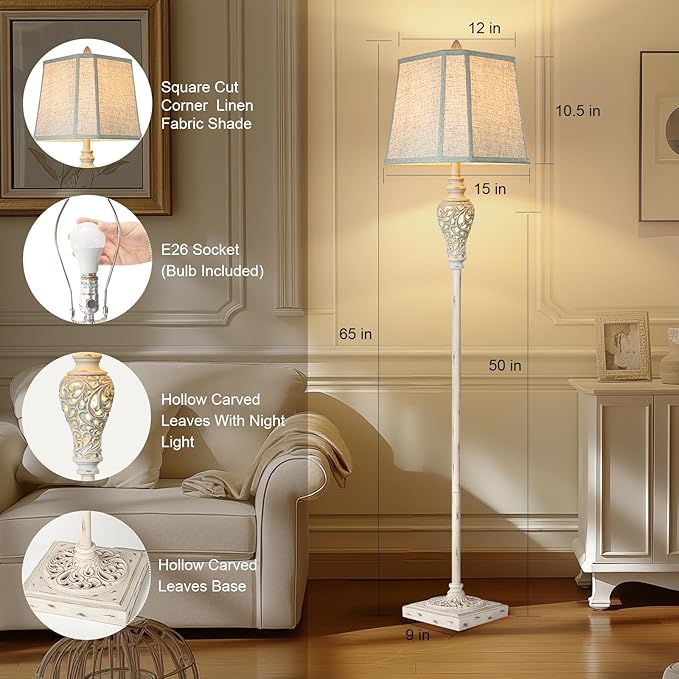 Rustic Floor Lamp 65'' Tall with Nightlight Cut Corner Linen Fabric Shade Vintage Standing Lamp for Living Room, Bedroom, Office, House (Bulb Included)