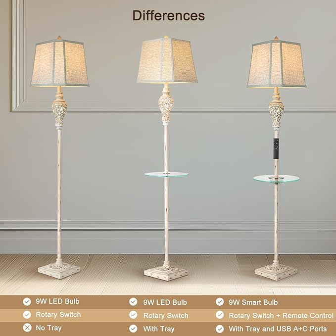 Rustic Floor Lamp, Living Room Lamps with Glass Tray, stepless diming Floor Lamp with Remote Control and USB A&C Charging Ports for Living Room Bedroom Office Smart Bulbs Included